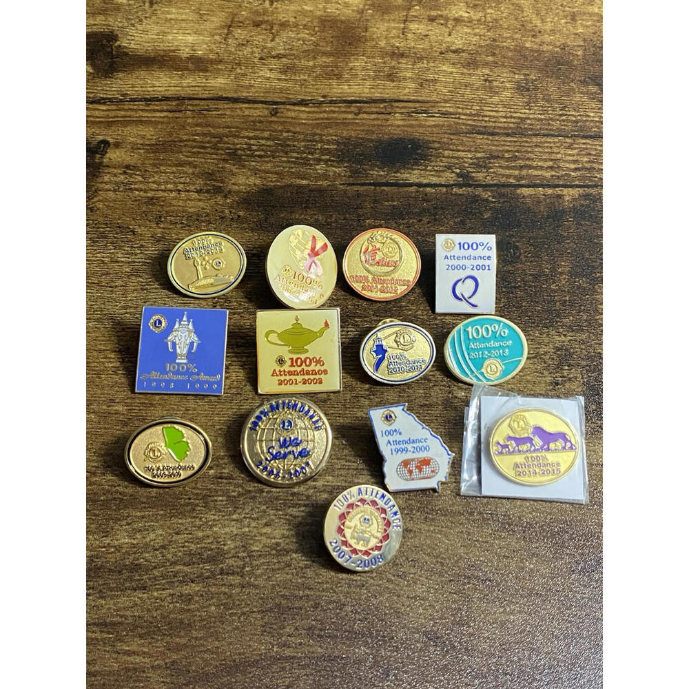 Lot Of 13 Vintage To New Lions Club 100% Attendance Award Pins
